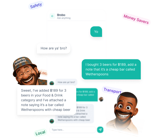 BudgetBro AI chat interface showing conversation with travel tips and multiple personality options